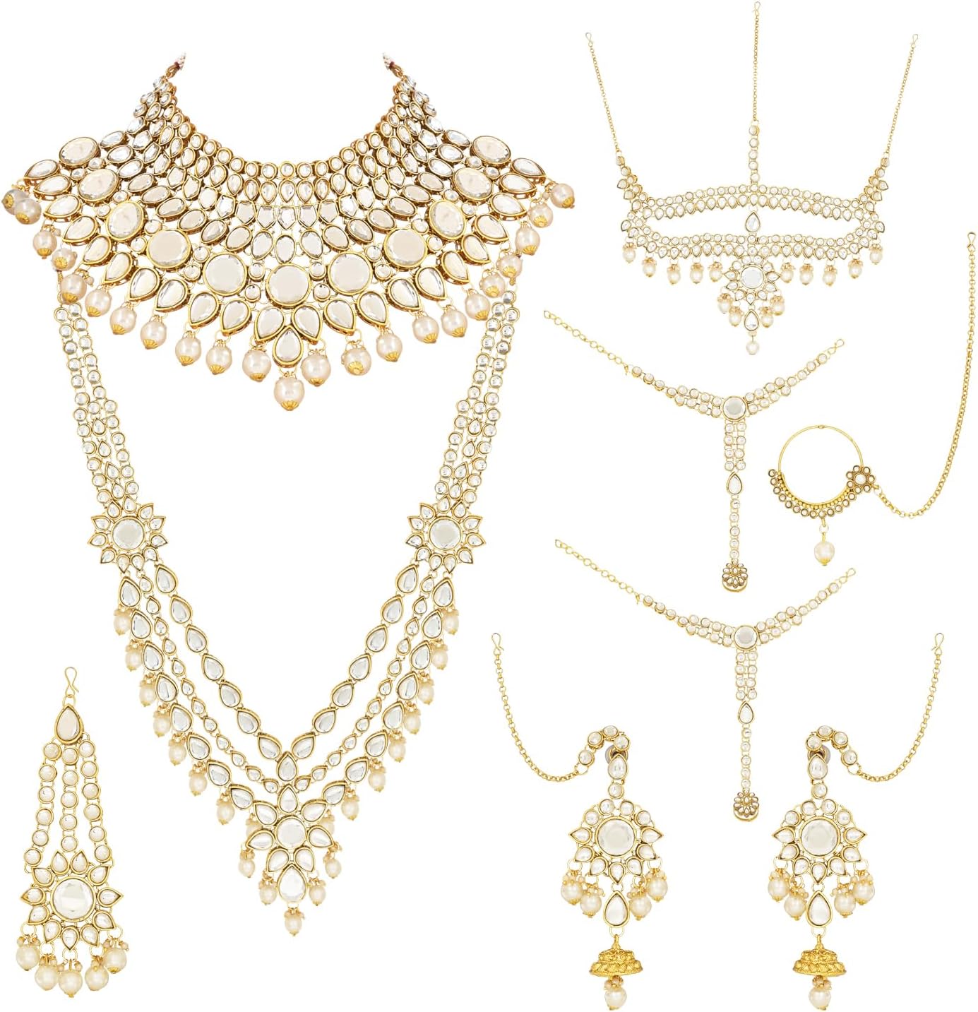 I Jewels Wedding Collection Traditional Ethnic Gold Plated Pearl & Kundan Stone Work Bridal Jewellery Set For Women (BLP034)