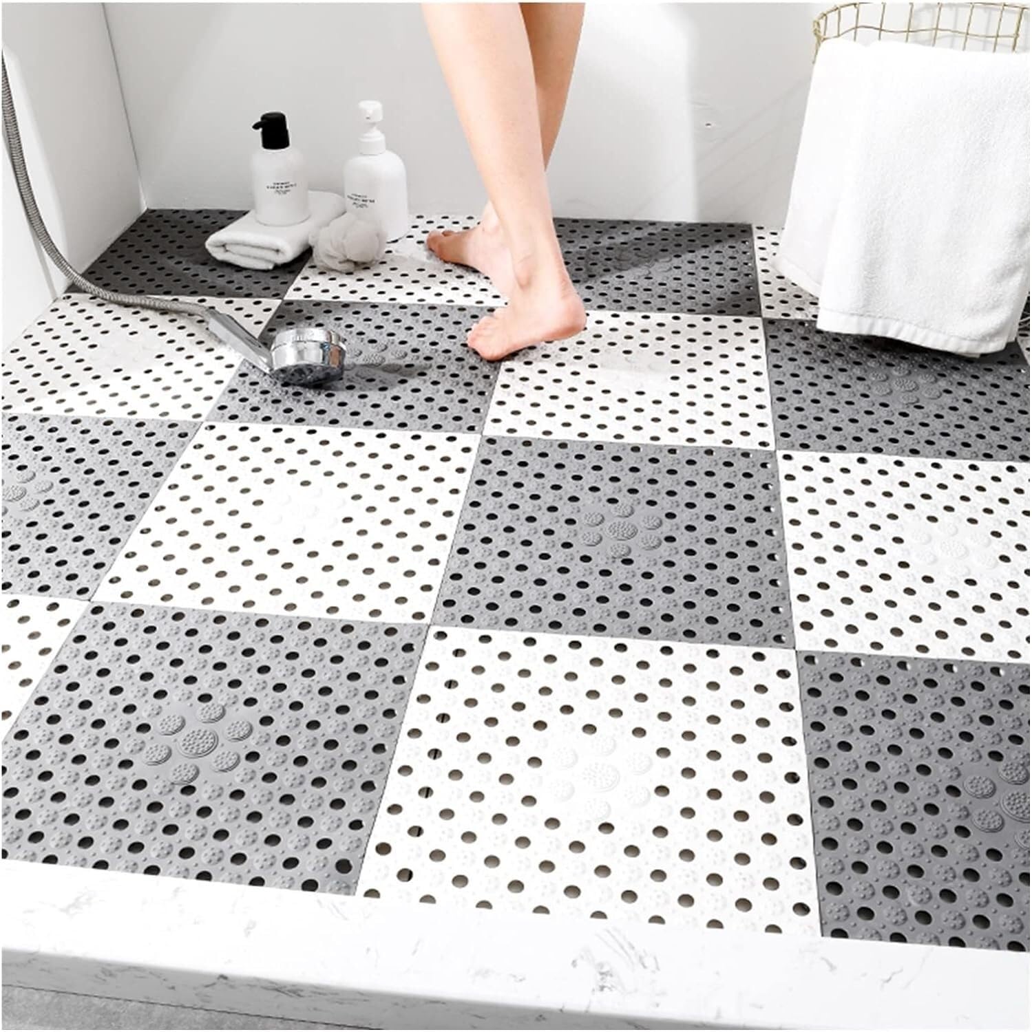 LXXW Drainage Non Slip Mat Bathroom Drainage Anti-Slip Mat Shower Floor Mat Cuttable Swimming Pool Restroom Wet Area Carpet, 11.8x11.8in for Swimming Pool Shower Room(Grey+White,10pcs)
