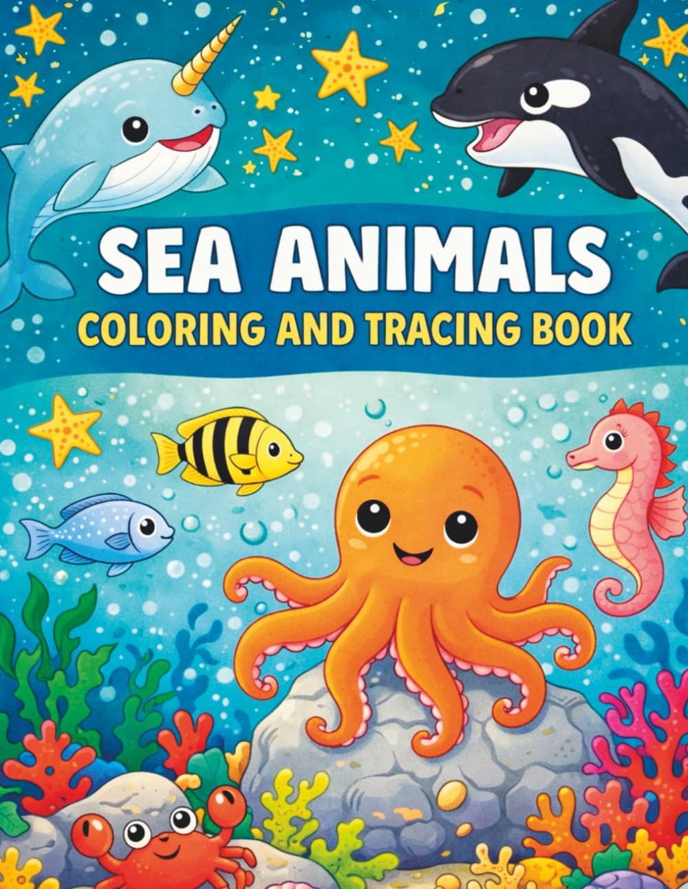 Sea Animals Coloring and Tracing Book: Cute Marine Life Coloring Pages, Tracing Practice and Ocean Games for Kids (Animal Discovery Series)