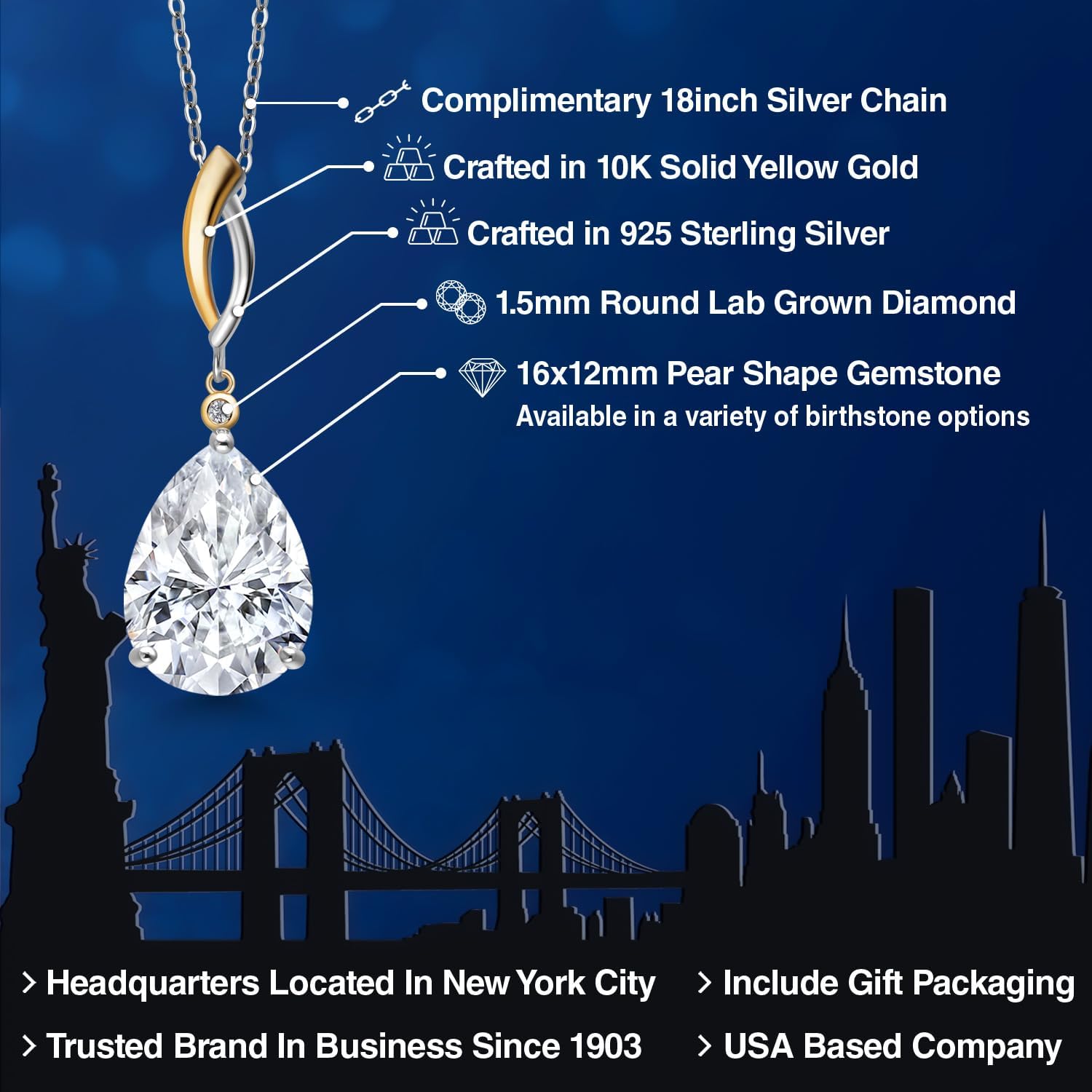 Gem Stone King 925 Silver and 10K Yellow Gold White Moissanite and White Lab Grown Diamond Pendant Necklace for Women | 9.19 Cttw | Pear Shape 16X12MM | With 18 Inch Chain