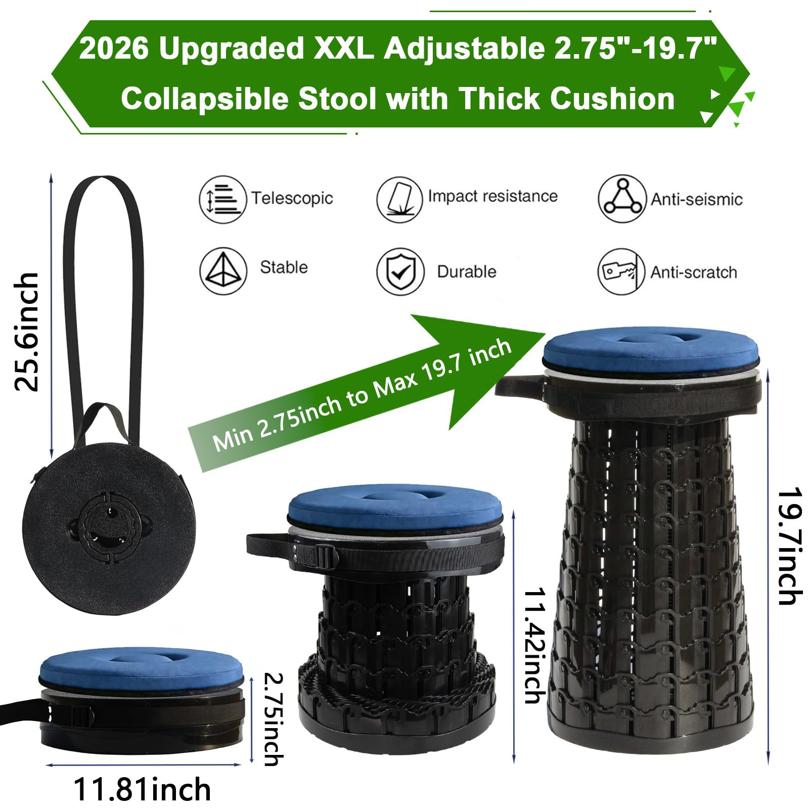 Upgrade XXL Collapsible Stool mit Kissen, tragbare Hocker für Erwachsene, stabilerer Klappstuhl mit Ladungskapazität 1000 Pfund, einziehbarer Campinghocker für Outdoor, Wandern, Reisen
