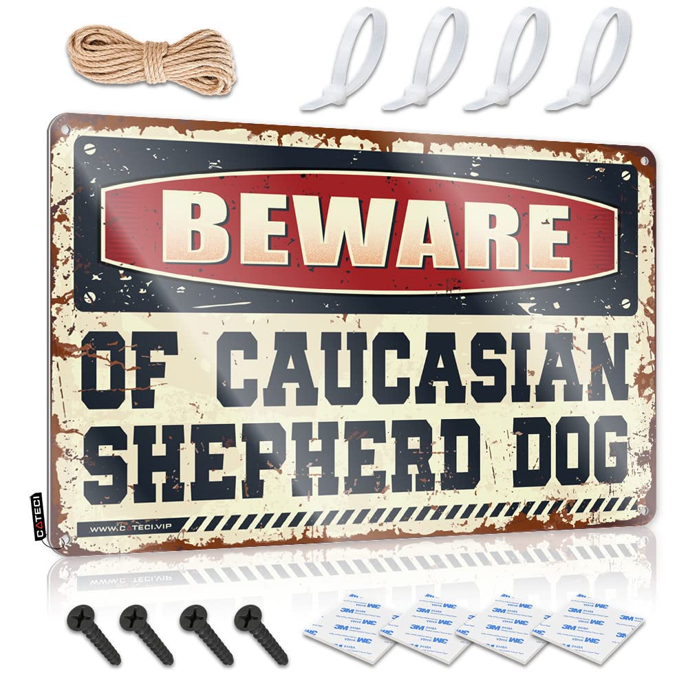 STWNVOITV Tin Bar Signs Beware Of Caucasian Shepherd Dog Tin Sign Vintage Decor Tin Signs Warning(20X30CM)