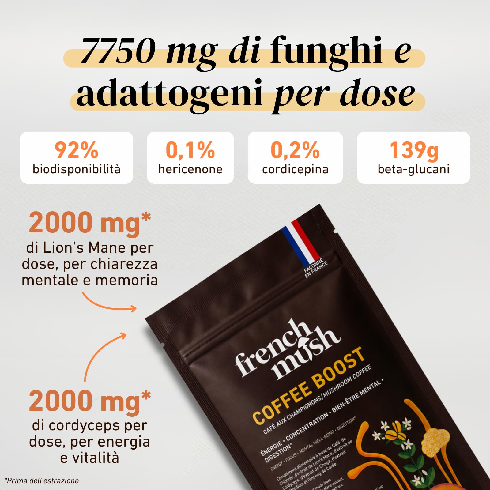 French Mush BOOST - Caffè Bio con Funghi | Caffè, Cicoria, Lion’s Mane, Chaga, Maitake & Pleurotus | Bevanda Vegetale - Senza Zuccheri Aggiunti - Prodotto in Francia - 20 Dosi