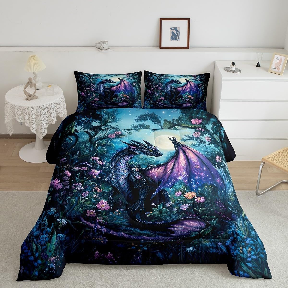 Couette 240x260 chaude avec 2 taies d'oreiller motif paysage nocturne pour lit 2 personnes
