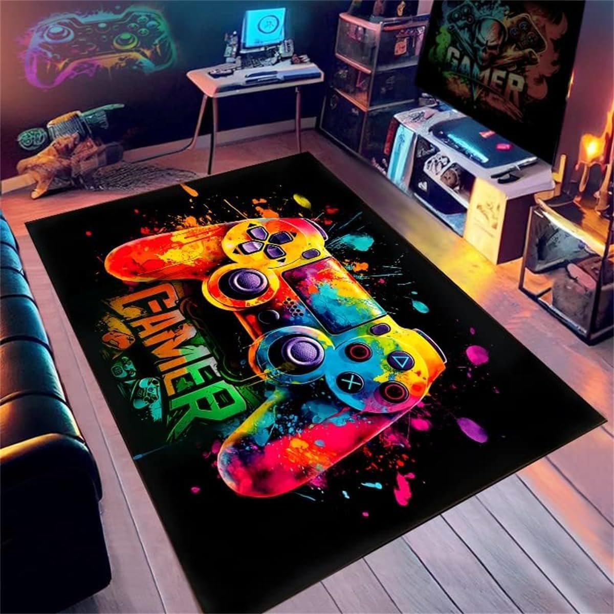 Xisnuient Men's Green Teenager Bedroom Rugs Gamer Rug Gaming Deco Boys Room Modern Living Room Anti-Slip Rug 3D Dazzling Neon Coloured Graffiti Game Console Soft Flannel Carpets (,45X120cm)