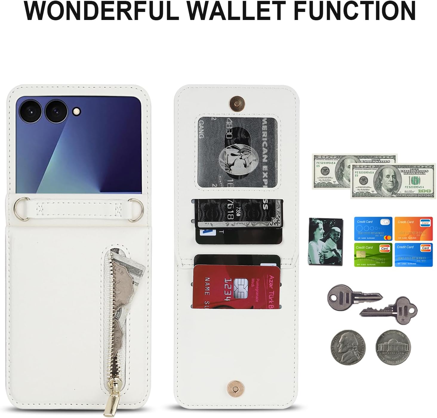 for Samsung Galaxy Z Flip 7 Luxury Zipper Wallet Phone Case, Multi-Function Kickstand Card Holder Adjustable Crossbody Strap, Fashion Flip Case.(White)