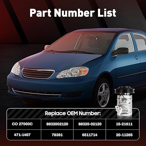 Miniatura 3 de Compresor de embrague de aire acondicionado AC & A/C con embrague compatible con 2003-2008 para To-yota Corolla y Matrix 1.8L L4, reemplace Co 27000C
