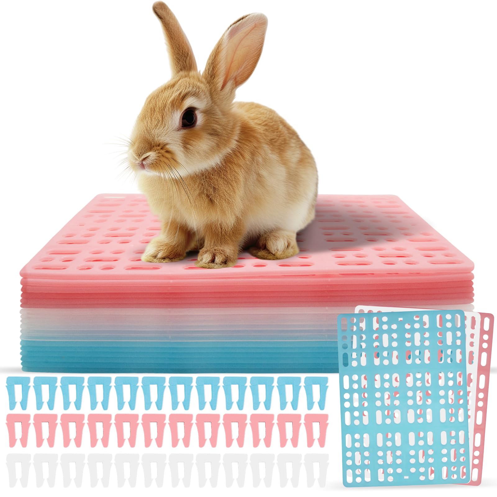 Kaninchenkäfig-Matte aus Kunststoff, Kaninchenkäfig-Matten für Käfig mit Schnappgelenk, atmungsaktive Kleintierfüße für Meerschweinchen, Chinchilla, Haustiere, Weiß, Blau, Rosa, 18 Stück