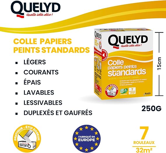 Quelyd Standard Wallpaper Glue - Ideal for Bedrooms and Hallways - Ready in 3 Minutes - Ultra Easy Dosing - No Lumps - Solvent Free - Powder 250g (7 Rolls)