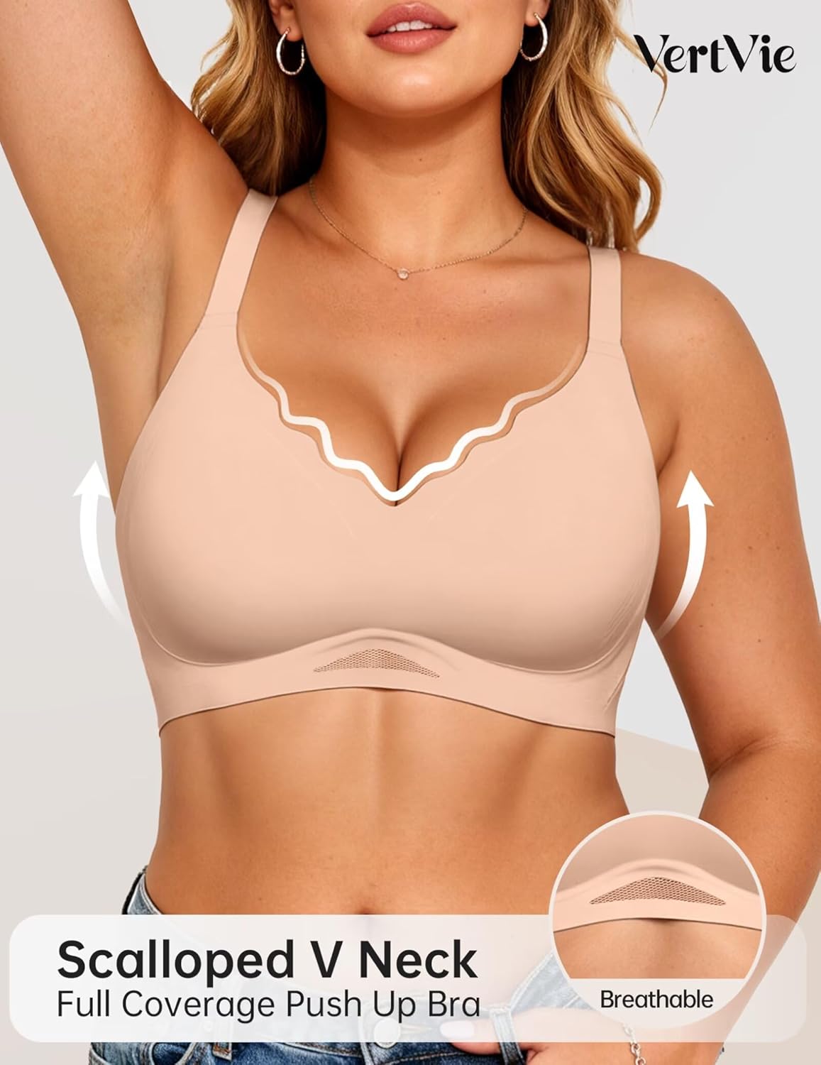Vertvie Bras for Women Wireless Comfortable Push Up Bra Scalloped Seamless Full Coverage No Underwire Supportive T Shirt Bras - Image 3