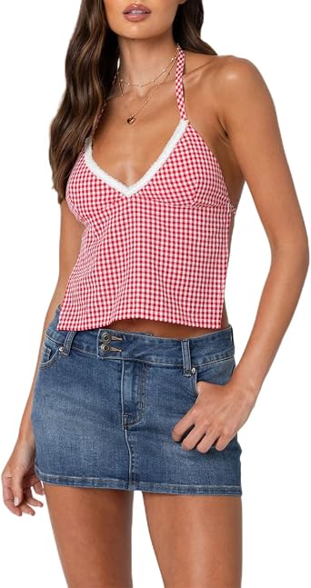 Gingham Tank Top Women Sexy Halter Backless Camisole Y2k Checkered Cami