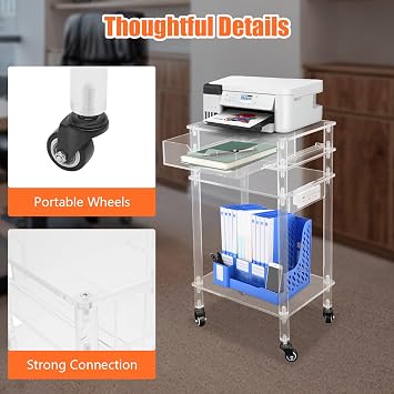 Rolling Acrylic Printer Stand Modern Clear Printer Cart with USB Ports Outlet Multifunctional Printer Table with Wheels and Drawer for Home Office Living Room Bedroom, Clear