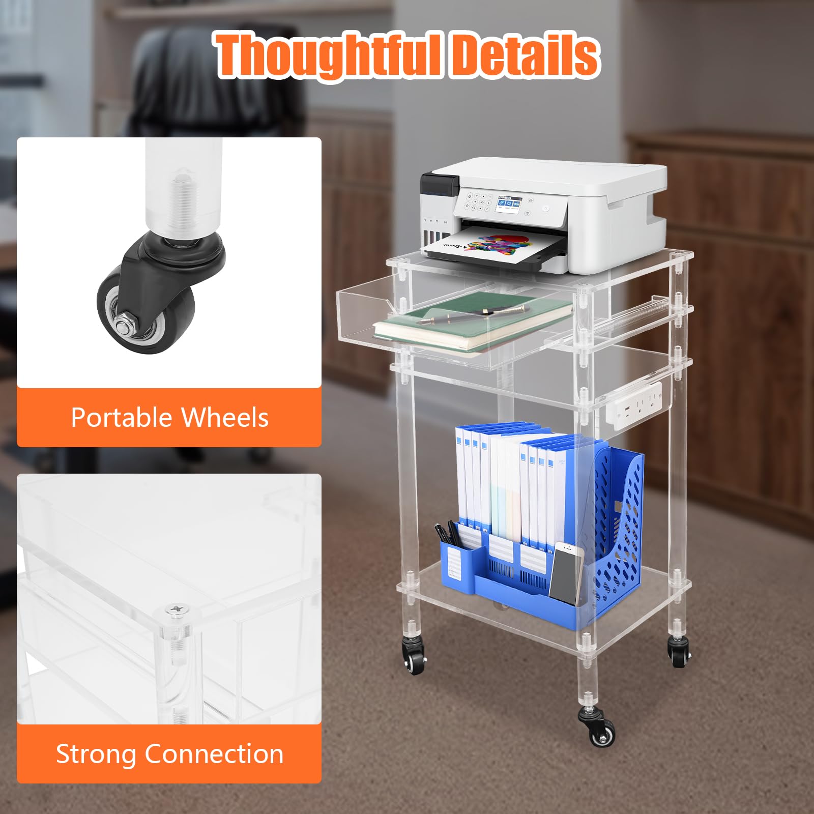 Support d'imprimante moderne en acrylique transparent avec ports USB, table d'imprimante multifonction avec roues et tiroir pour la maison, le bureau, le salon, la chambre à coucher