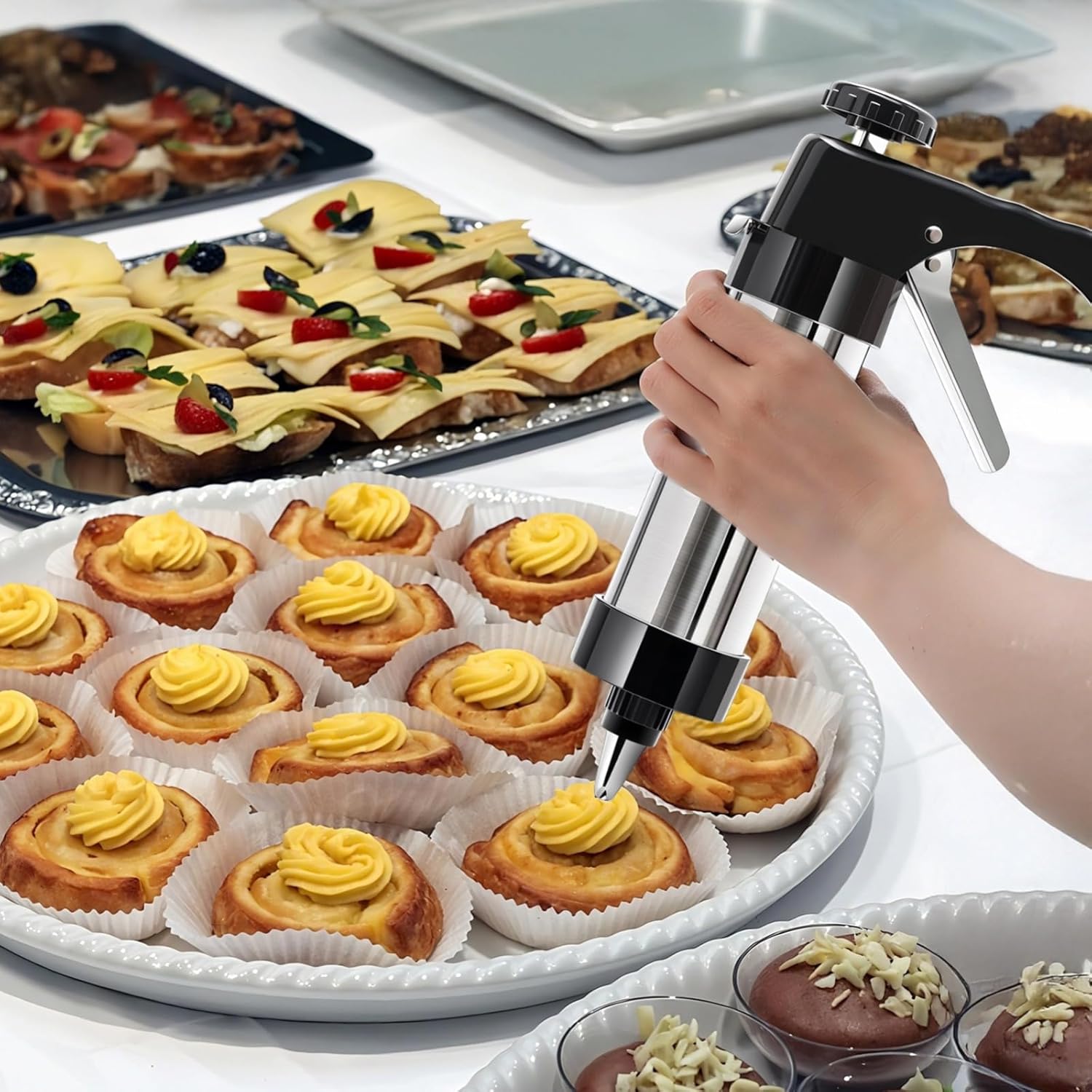Cookie Gun Kit Press Set 15 In (38 Cm), 13 Discs Stainless Steel With 8 Piping Tips, Brush Spatula Baking Icing