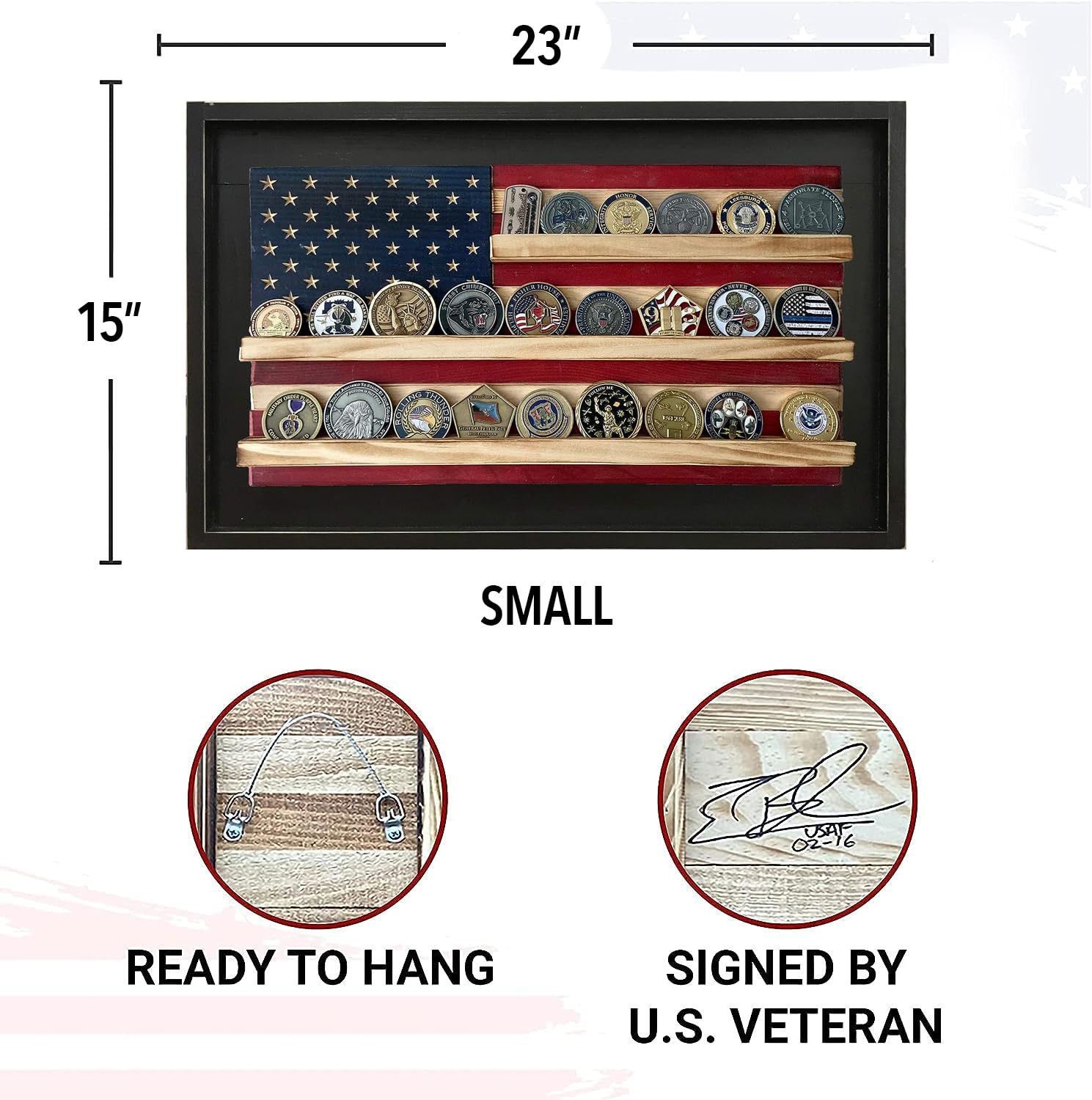 Flags of Valor Framed American Flag Challenge Coin Display, Holds 25 Military Coins, Military Coin Holder Wall Decor Made in USA by Veterans, Ready to Hang US Flag, (Extra Small Framed, 15