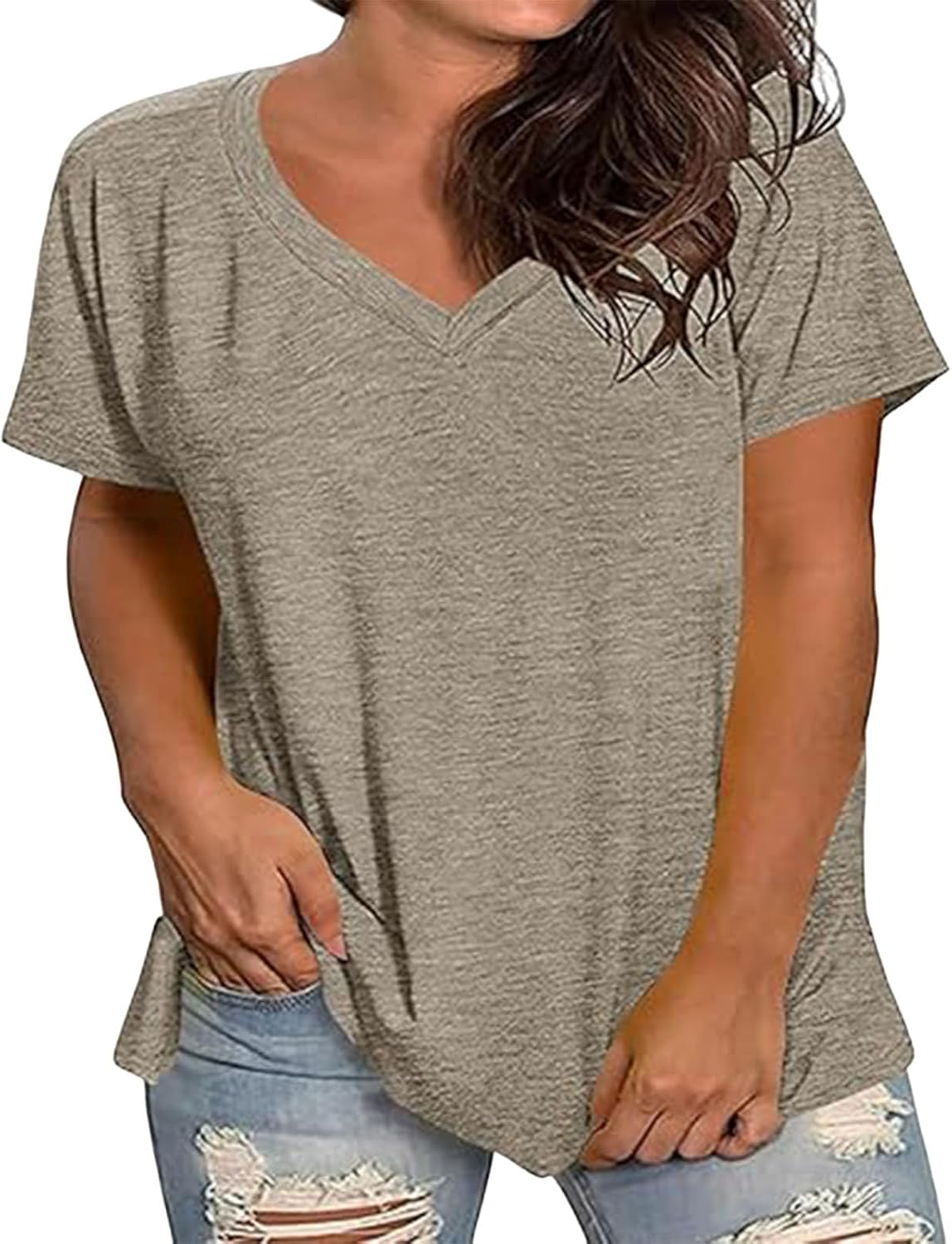 Womens Oversized Tee Shirts Spring Summer Casual Plus Size Fashion Blouse V Neck Short Sleeve Lightweight Tops