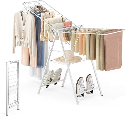 Miniatura 11 de APEXCHASER Tendedero plegable para ropa de secado de ropa, estante de secado de ropa de metal plegable para toallas de suéter en interiores