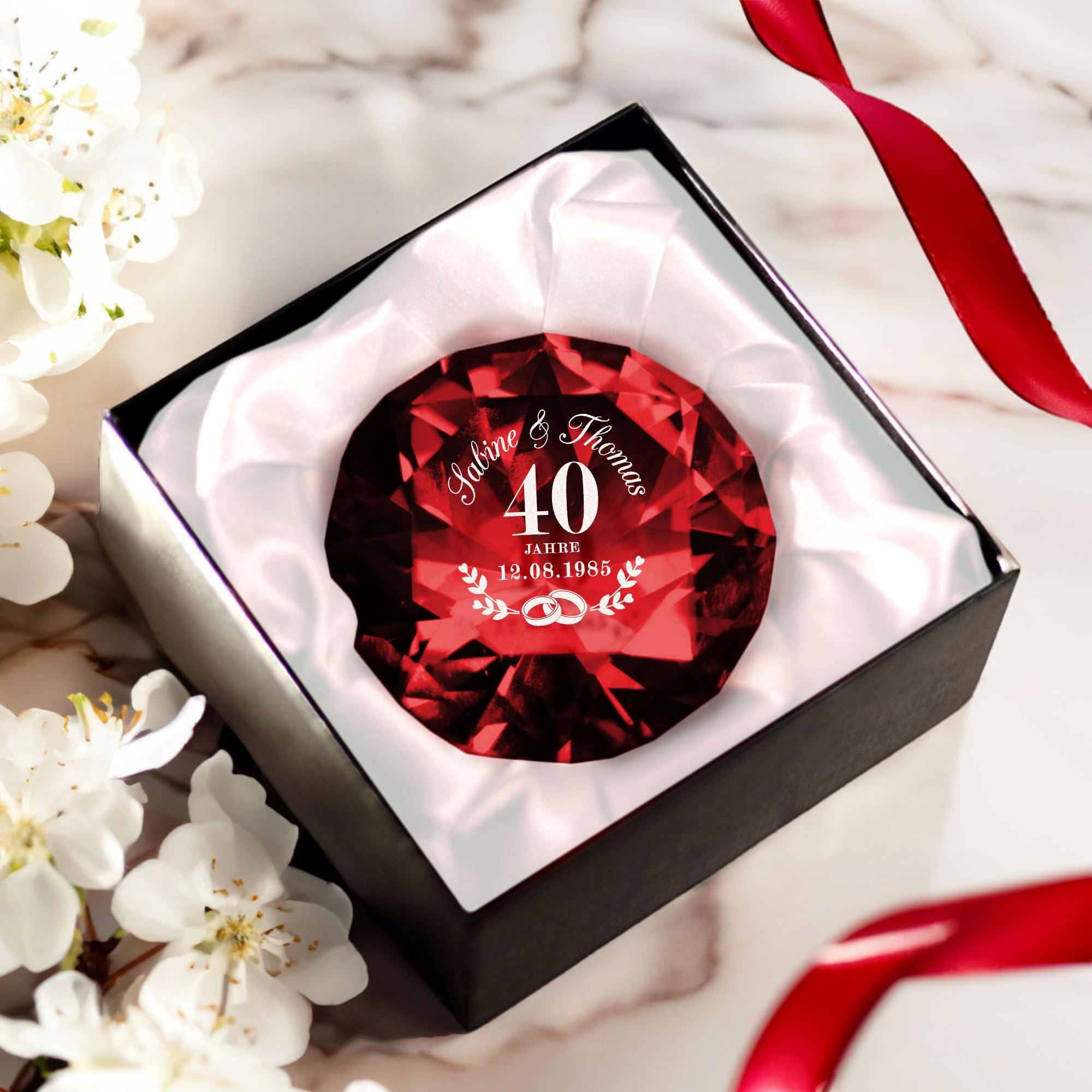 Casa Vivente Glas Kristall zur Rubinhochzeit, Diamant mit Gravur, Personalisiertes Hochzeitstag Geschenk, Kristall Deko Geschenk zum 40. Hochzeitstag, Geschenke für Paare