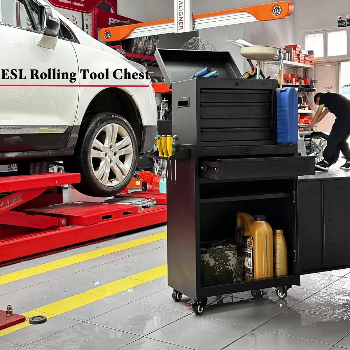 ESL Rolling Tool Chest, 5 Drawers with Big Cabinet, Tool Trolley with 4 Universal Lockable Wheels and Lock Bar, Great Black Tool Cart for Garage Workshop, Sturdy Heavy Duty Tool Storage, Easy Assemble