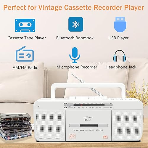 Miniatura 2 de Reproductor de cassette Boombox, radio AMFM portátil estéreo con Bluetooth, USB, altavoz grande doble, conector para auriculares, grabación a