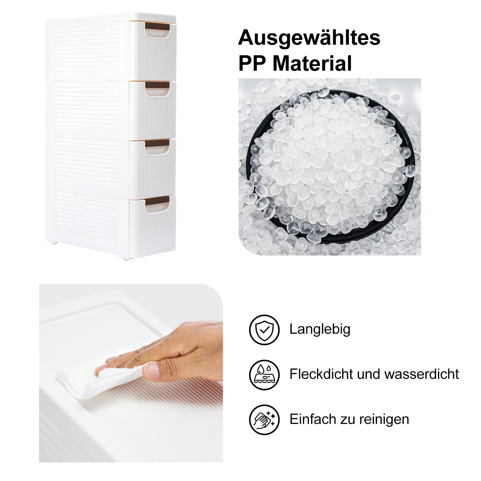 Schmaler Rollwagen mit Schubladen (3/4/5 Ebenen wählbar) – Platzsparender Nischenschrank aus PP Kunststoff, mobiler Auszugsschrank mit Rollen, Organizer für Bad, Küche, Wohnzimmer (4 Ebenen)