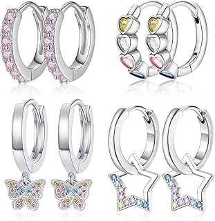 Girls Earrings Silver Pink Blue Heart Star Butterfly Small Hoop Earrings Cubic Zirconia Dangle Earrings Girls Hoop Earring...