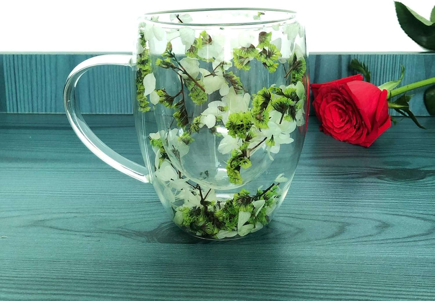 Double Walled Glass Coffee Mugs Flower Glass Coffee Mug With Handle Decorative 10 oz Clear Cappuccino Mug For Hot Cold Tea Milk Latte Wine Beverage Mother’s Day Birthday Christmas Gifts