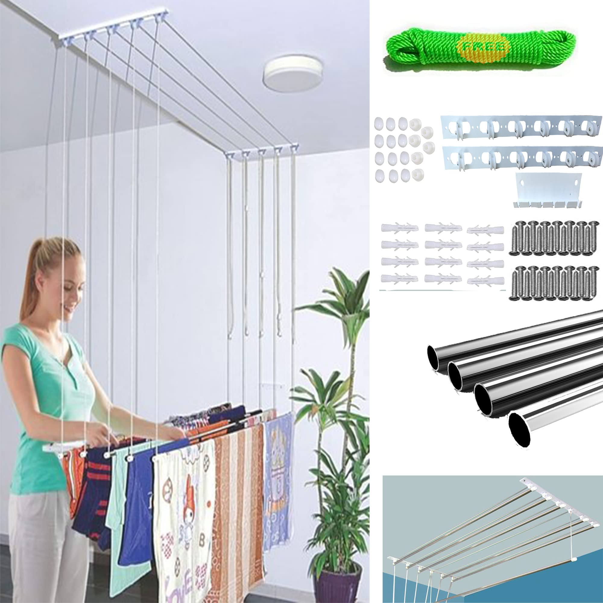 UR LITTLE SHOP Rust Proof Stainless Steel Ceiling Clothes Hanger_Cloth Drying Hanging Stand for Balcony_Individual Dropdown Railers_Nylon Ropes_7 Feet X 6 Pipes with A Cloth Hanging Rope SLUCS5