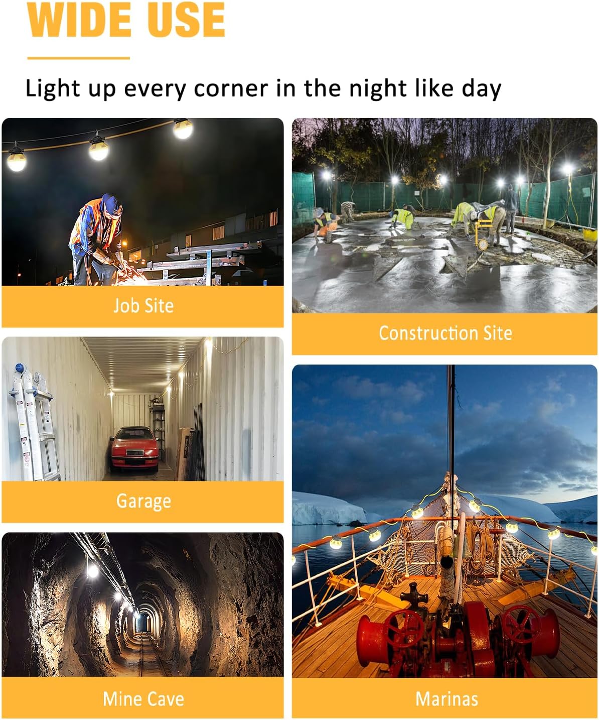 100FT Construction String Light 130W 16000Lm, 5000K Industrial Grade LED String Work lights, IP65 Waterproof Temporary Lighting for Construction Sites, Renovation, Mine Cave, Job Site, Walkways - Image 7