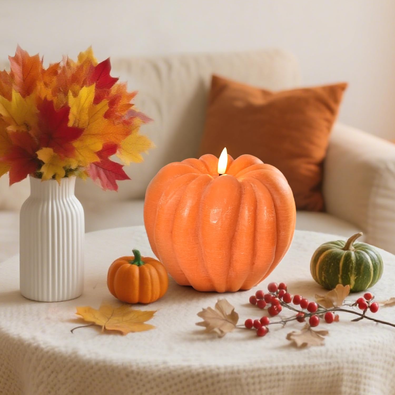 Flameless Pumpkin Candles with Timer - Fall Home Decor Indoor, LED Light Up Pumpkins for Mantel Table | Halloween Flameless Candle Thanksgiving Fall Decoration, Autumn Farmhouse Rustic Harvest Decor