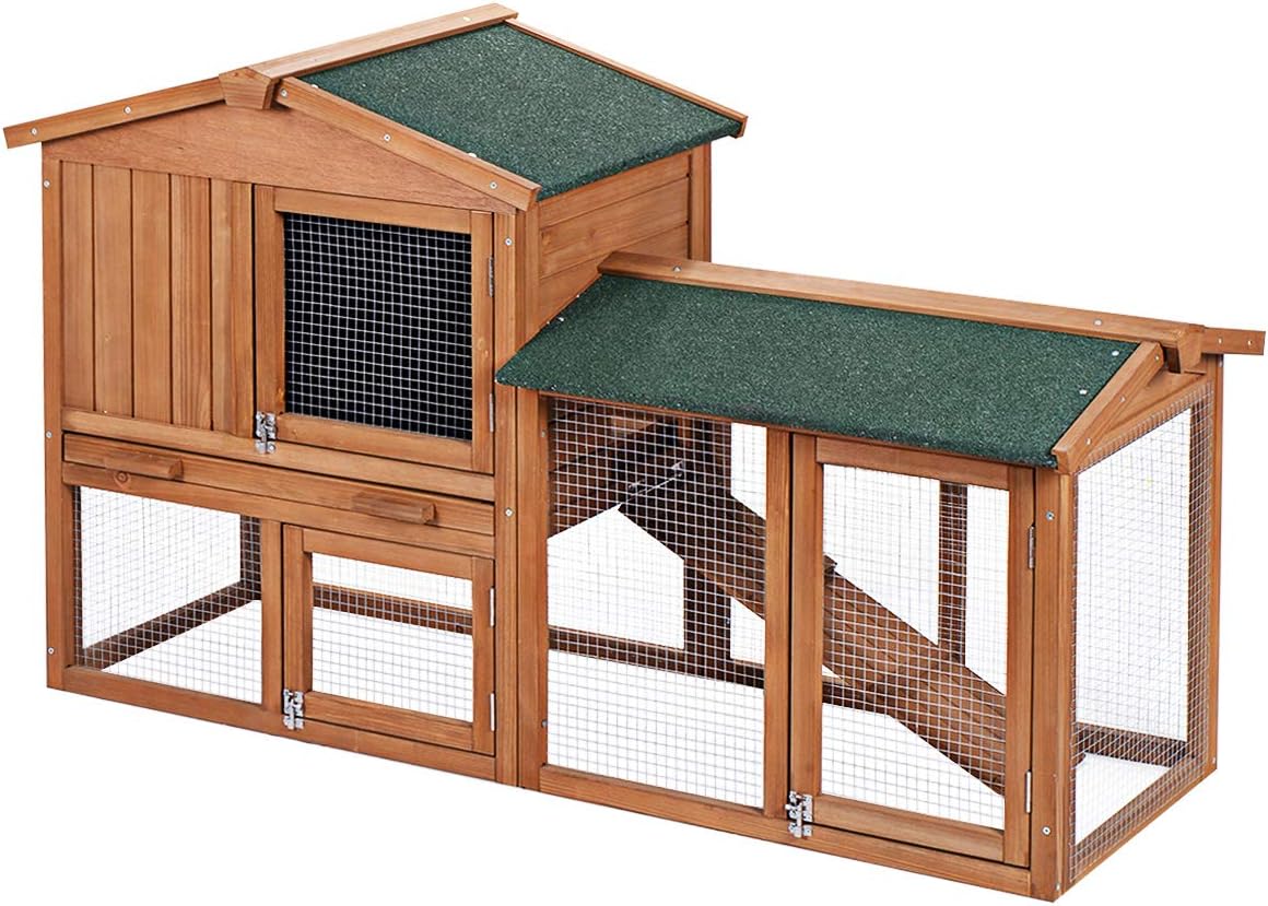 PETSJOY Rabbit Hutch 58 in Outdoor Large Wooden Bunny Cage Chicken Coop with Ventilation Door, Removable Tray & Ramp
