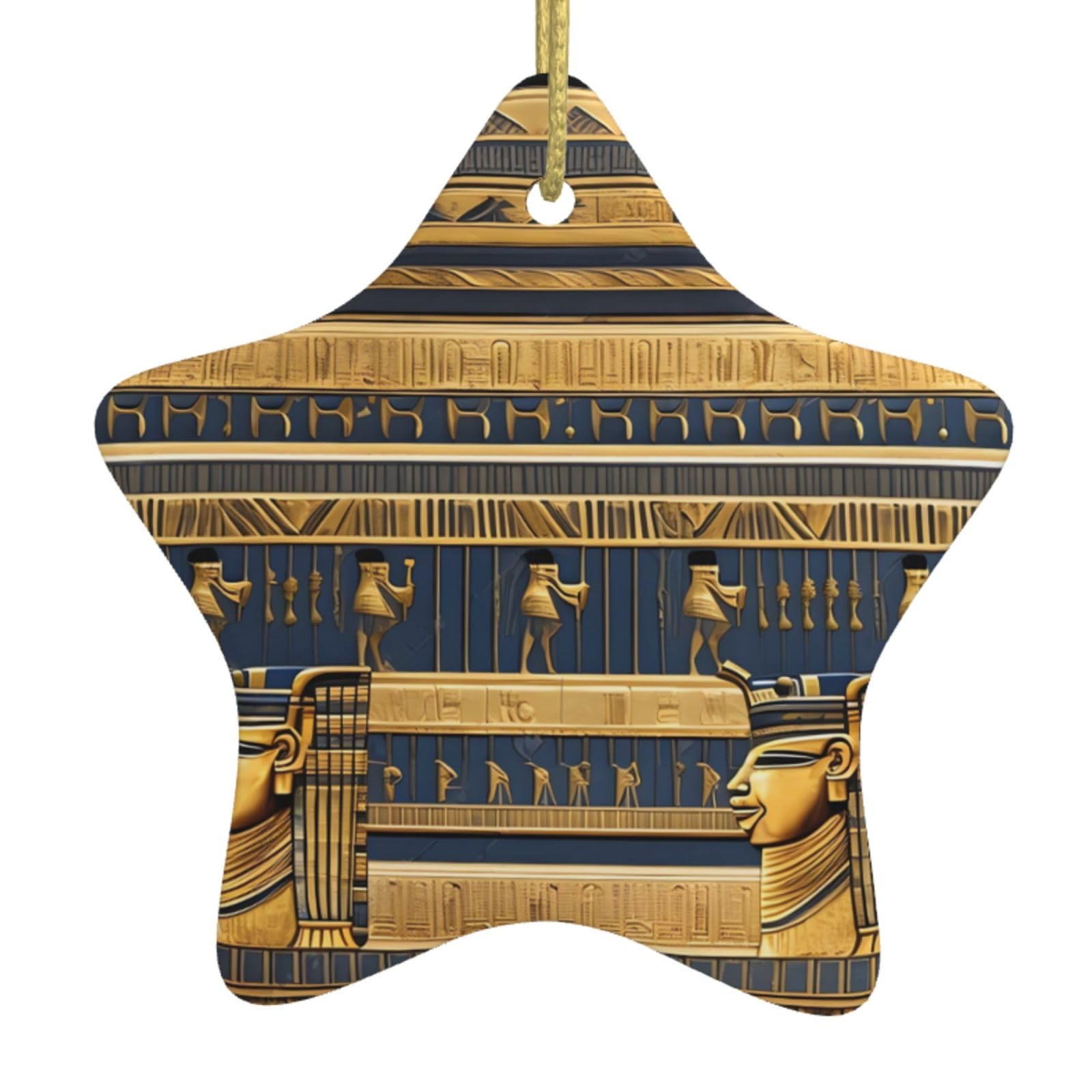 Egyptian Pharaonic Frescoes Christmas Ceramic Star Pendant with Punched Holes and Gold Wire Rope, Christmas Tree Home Decoration