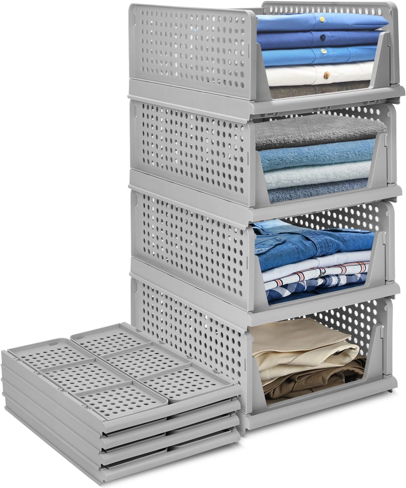 4-Pack Folding Wardrobe Storage Box Plastic Drawer Organizer Stackable Shelf Baskets Cloth Closet Container Bin Cube Home Office Bedroom Laundry Pull Out Drawer Dividers for Clothes,Toys Organization