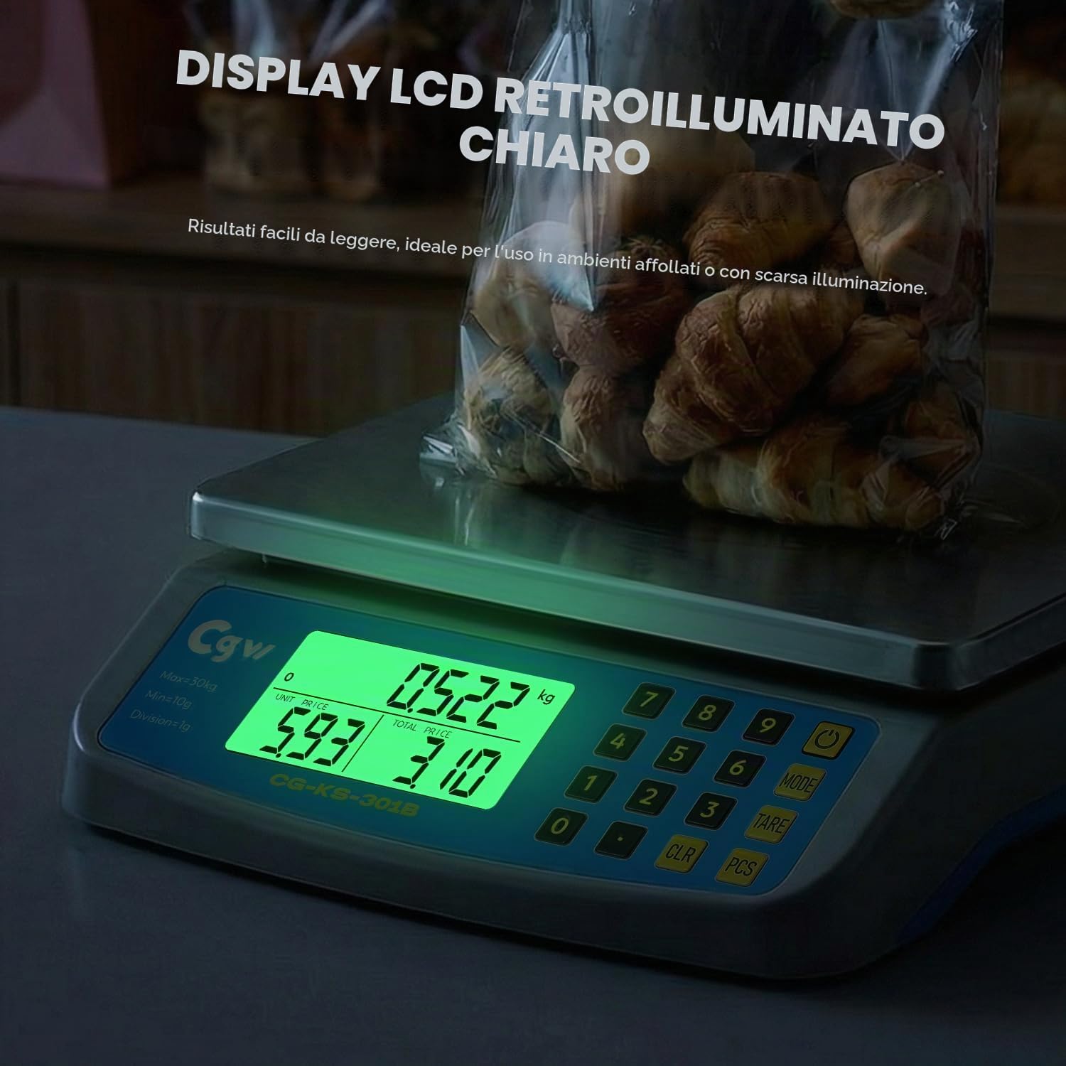 CGOLDENWALL Bilancia Cucina Digitale 30kg/1g, Bilancia Professionale con Calcolo Prezzi, Piatto Inox Grande, Display LCD, Conversione KG/LB/OZ e Doppia Alimentazione, per Ristorante, Pasticceria, Casa