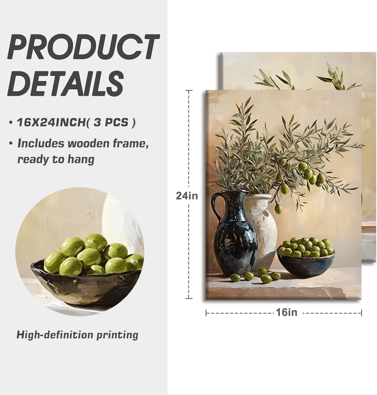 EEYNAQQ 2Pcs Olive Still Life Canvas Wall Art Vintage Rustic Printed Poster Prints 16x24 Inch Oil Painting Style Botanical Artwork Wall Decor for Kitchen Dining Room Living Room