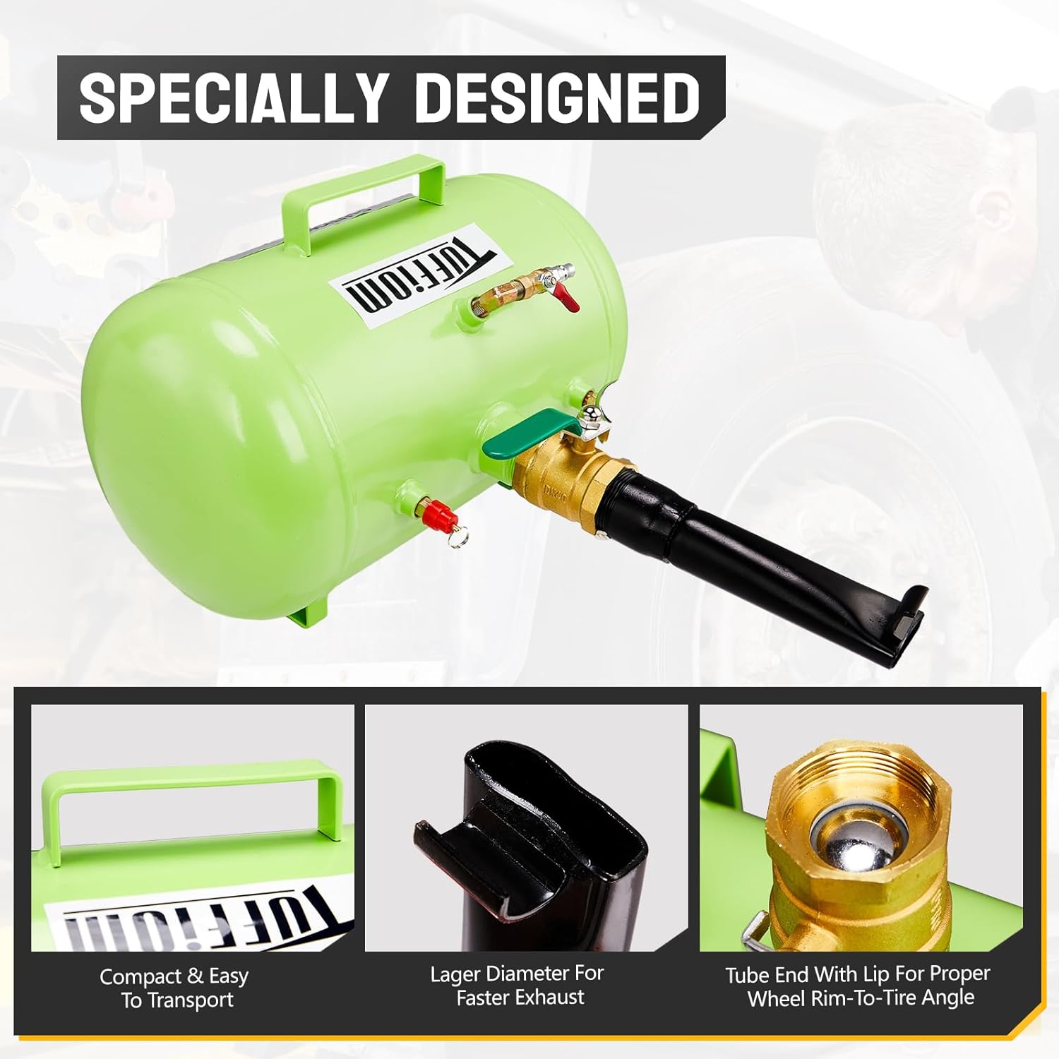 TUFFIOM 5 Gallon Air Tire Bead Blaster Seater w/Pressure Gauge & Handle, Wheel Seating Tool Inflator Tank for Truck ATV, 85-116PSI Operating Pressure, Green