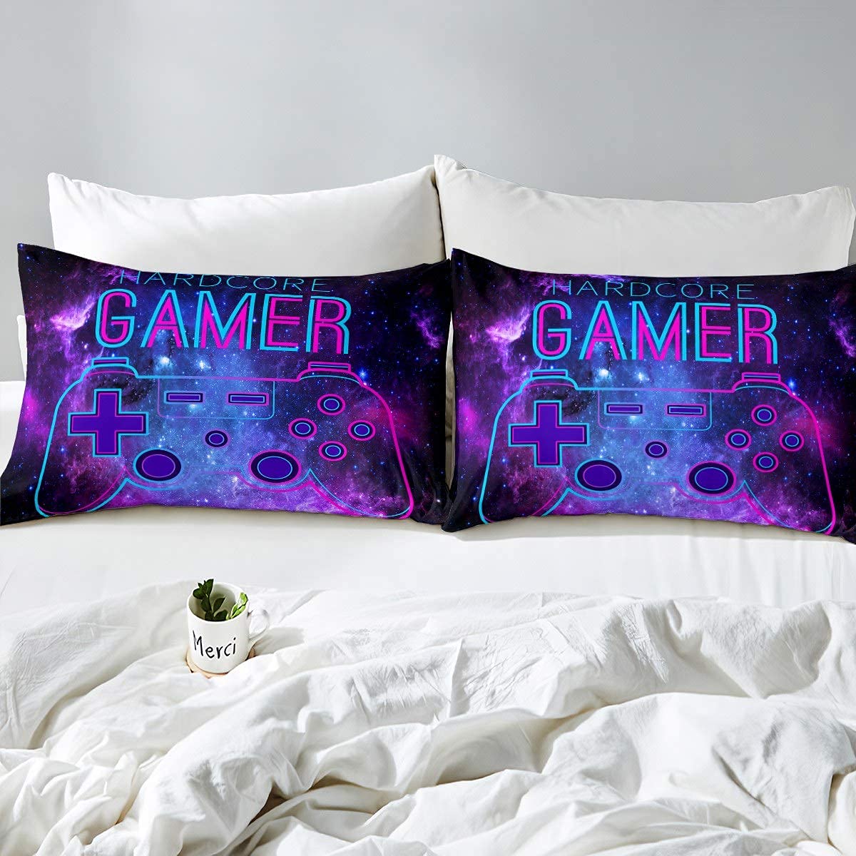 Gaming Bettwäsche-Set Für Teenager – Gamepad & Geometrisches Design, 155x220 Cm, Aus Polyester-Mikrofaser – Blau/Schwarz