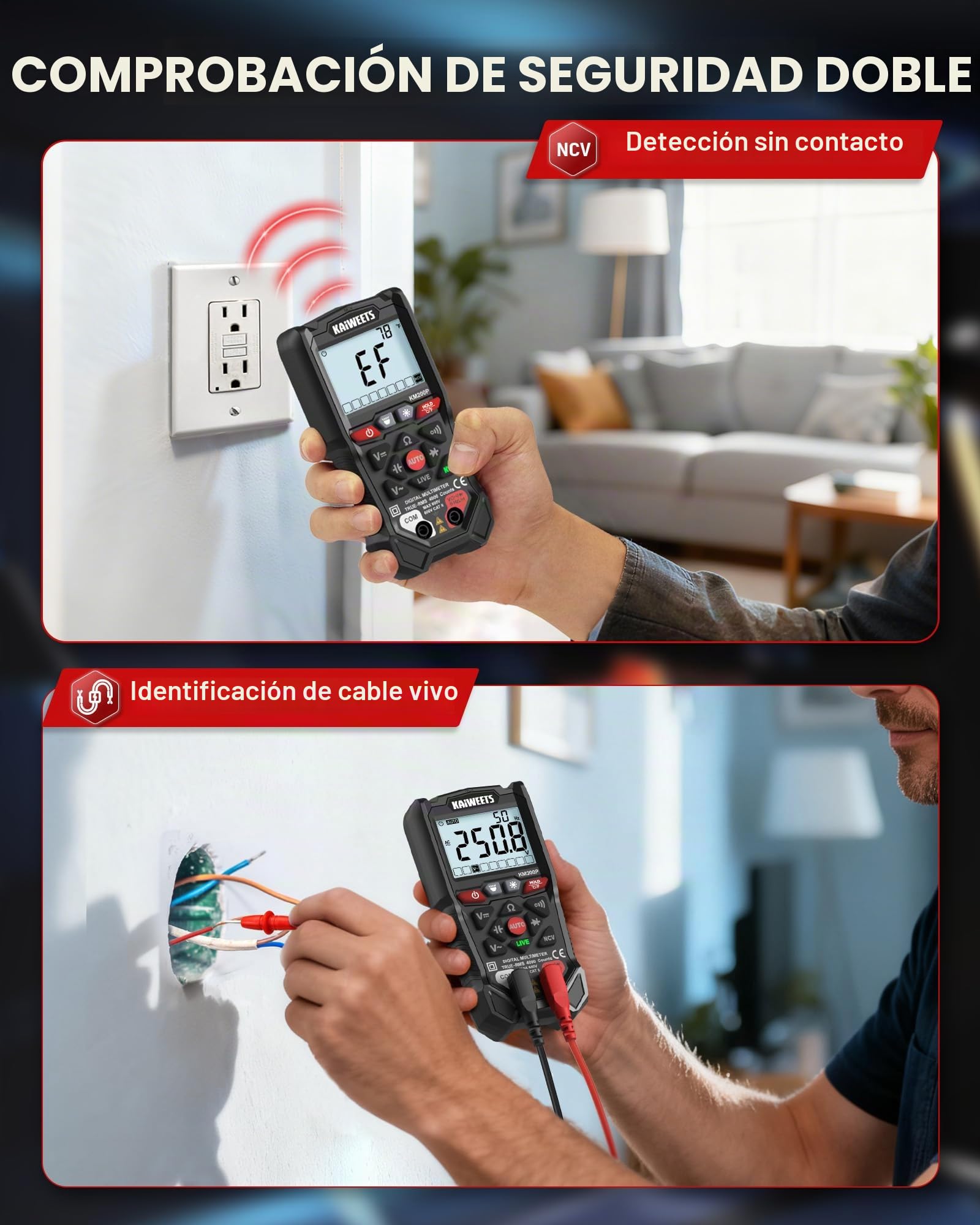 Multímetro Digital KAIWEETS con Control por Botones, 4000 Cuentas, Selección Automática de Rango, TRMS, Función NCV y Prueba de Cable Vivo, Mide Tensión CA/CC, Resistencia, Continuidad y Capacidad