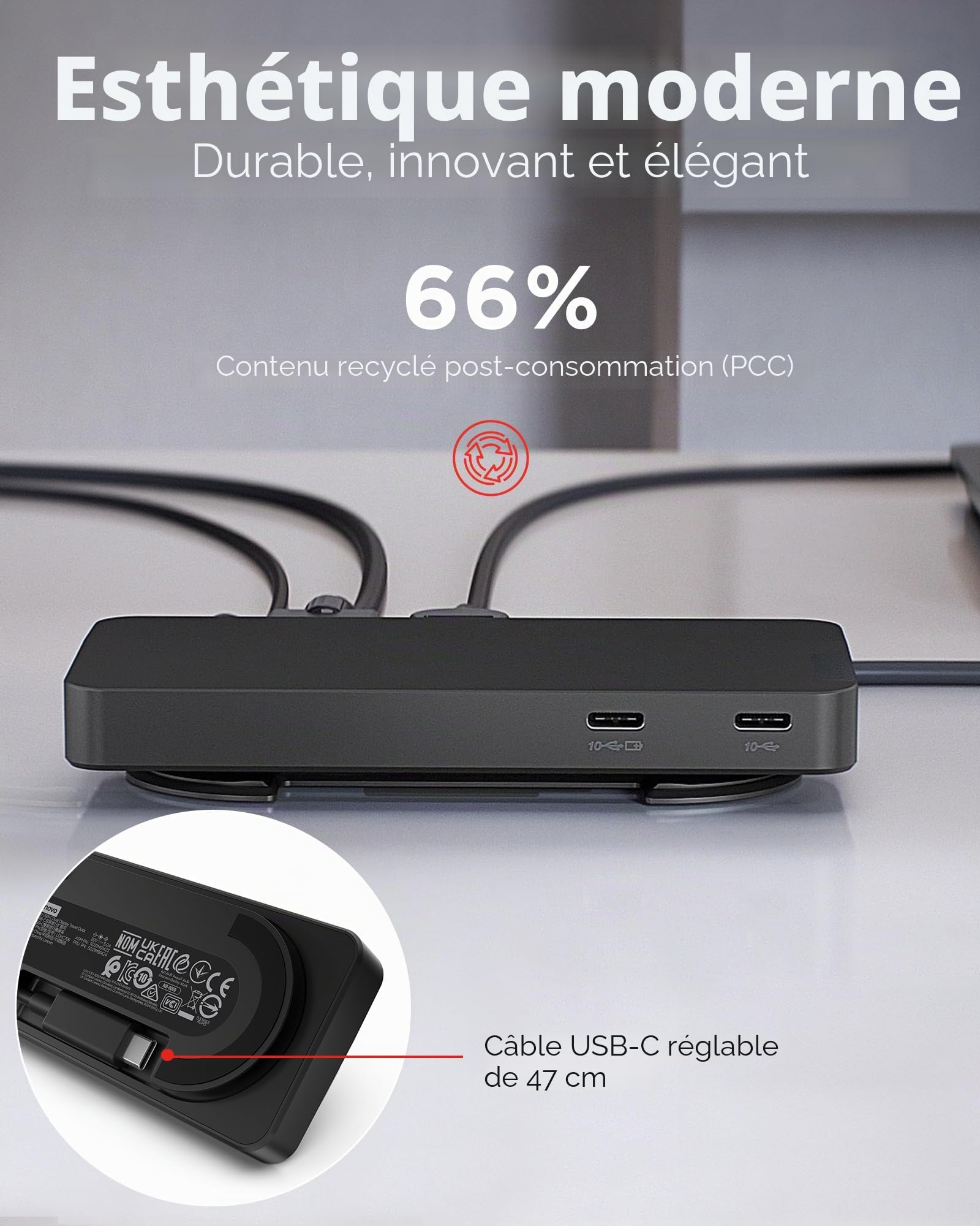 Lenovo Station d'accueil de Voyage USB-C à Double écran, 7 Ports, Ports HDMI et DP prenant en Charge Deux écrans à 4K, Passe PD jusqu'à 100 W, câble USB-C intégré, Noir