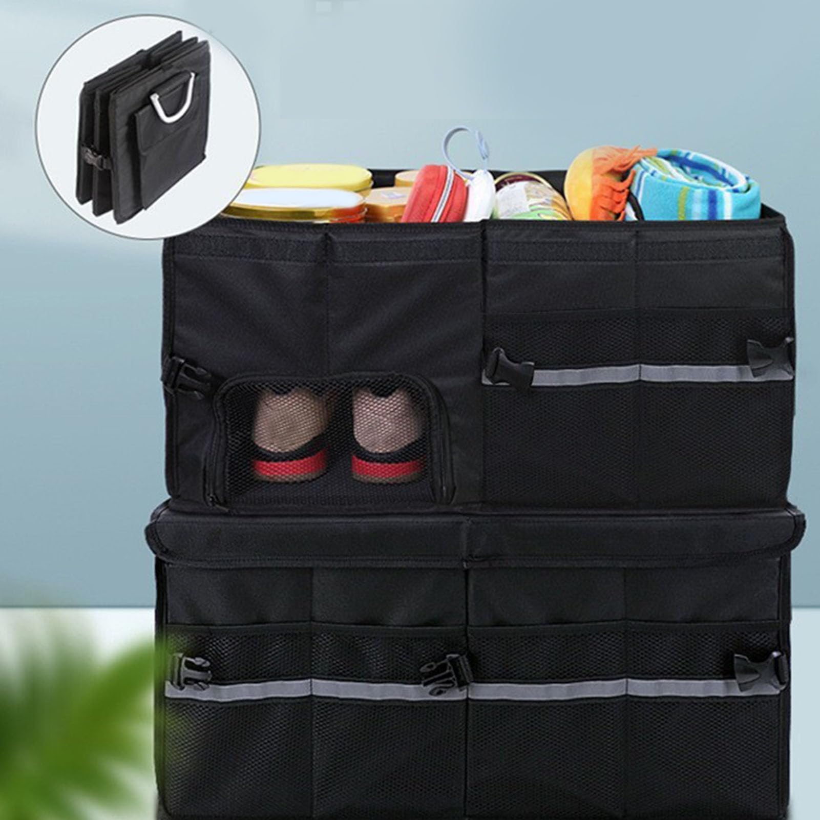 Cocoarm Organizer do Bagażnika Samochodu z pokrywą, Składany Organizer do Bagażnika SUV z Tkaniny Oxford 1680D, Składany Schowek o Pojemności 55 Litrów z 3 Przegródkami, Wodoodporny Schowek w (Bez