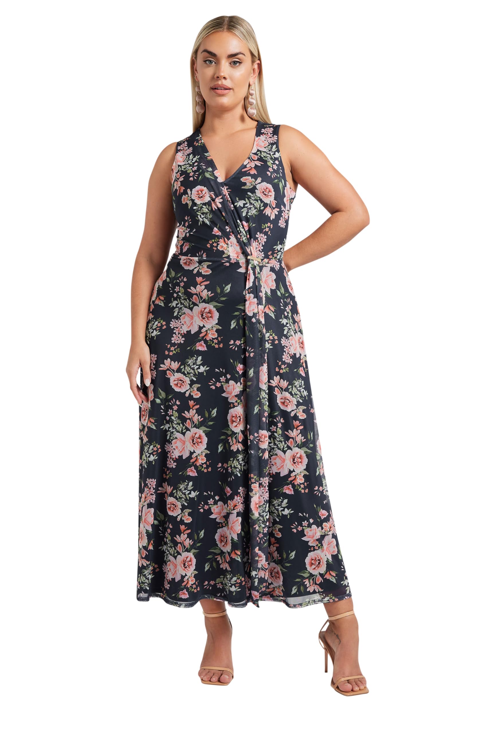 Yours Women's Dark Navy Floral Mesh Draped Maxi Dress In Size 14