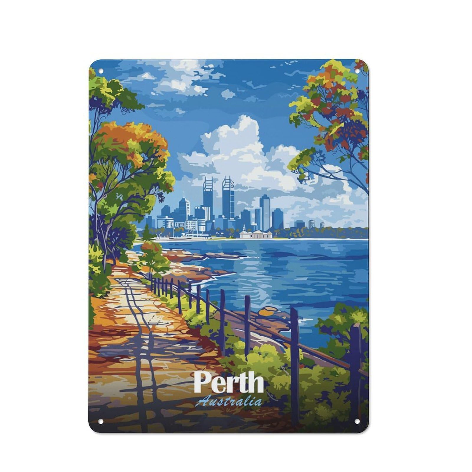 Junmoney Style-12 Perth Cityscape Poster Retro Metal Plaque 40X30cm For Lounge Or Reading Corner, Suited To Lounge Decor Fans