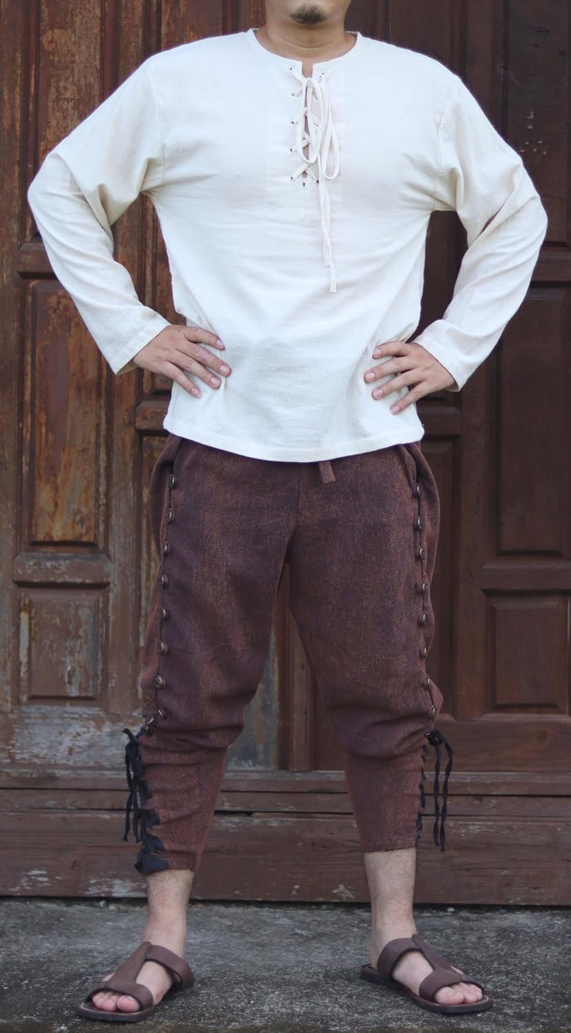 Waffle Stonewashed Muang Cotton Tied Waist Many Button Pants Black Brown szL