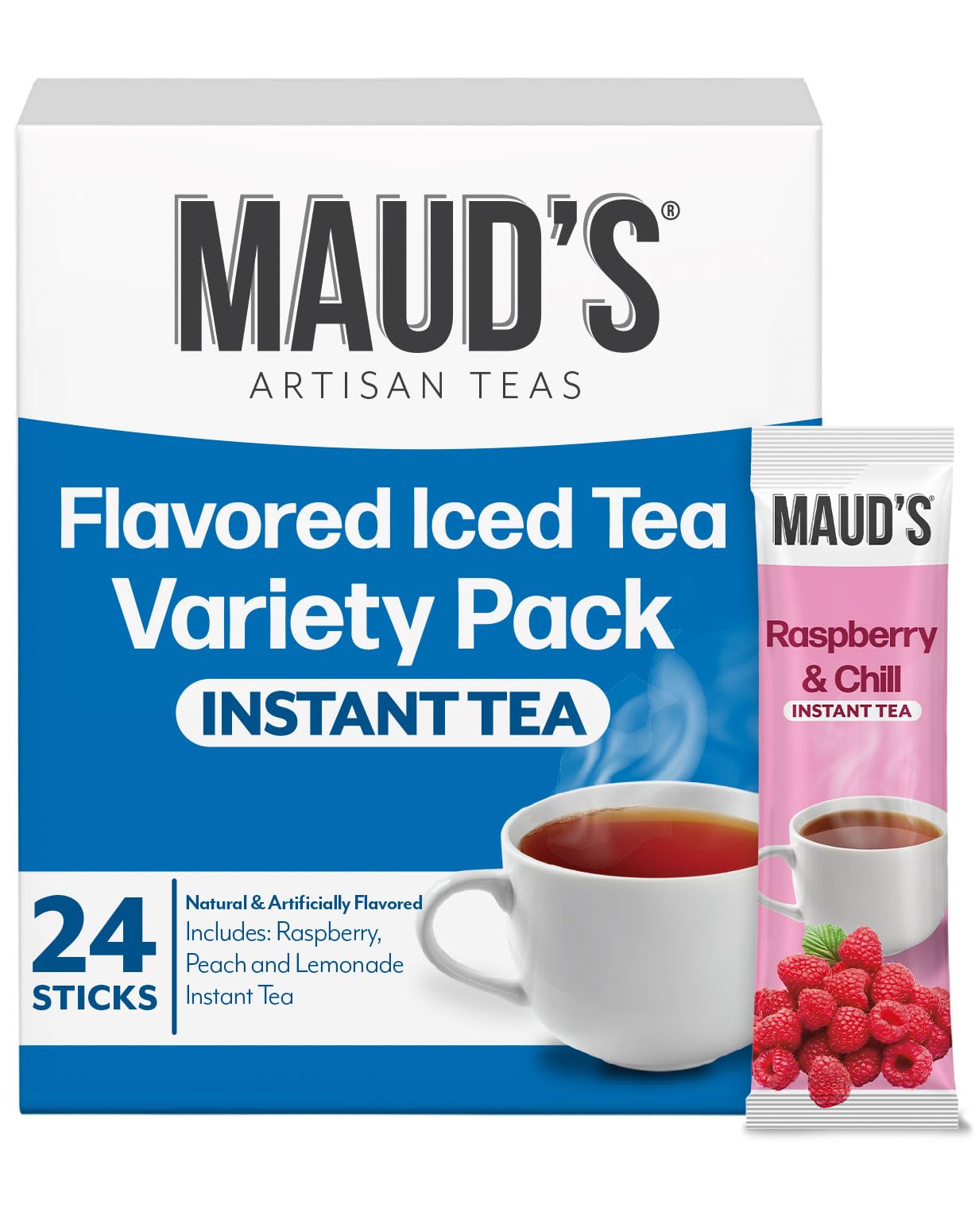 Maud's Instant Tea Variety Pack - 24 ct Lemonade, Peach & Raspberry Flavored Iced Powder Packets - Just Add Water for Hot or Iced Tea