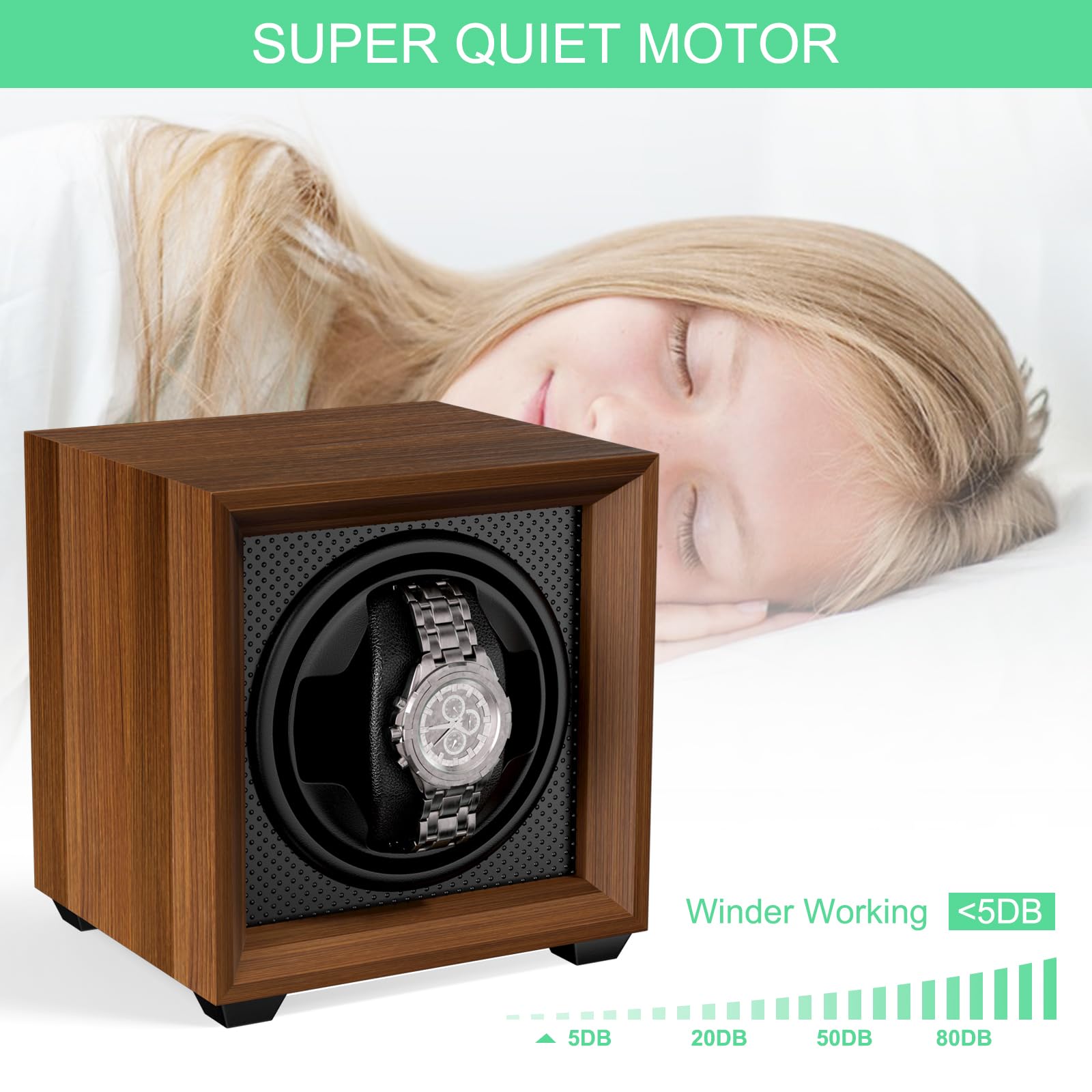 Newaner Caja para Dar Cuerda a Relojes mecánicos, automatico con Motor silencioso, 2 Ajuste Modos, Cuadrada y Color Nuez, con Puerto de Carga USB y Espuma viscoelástica