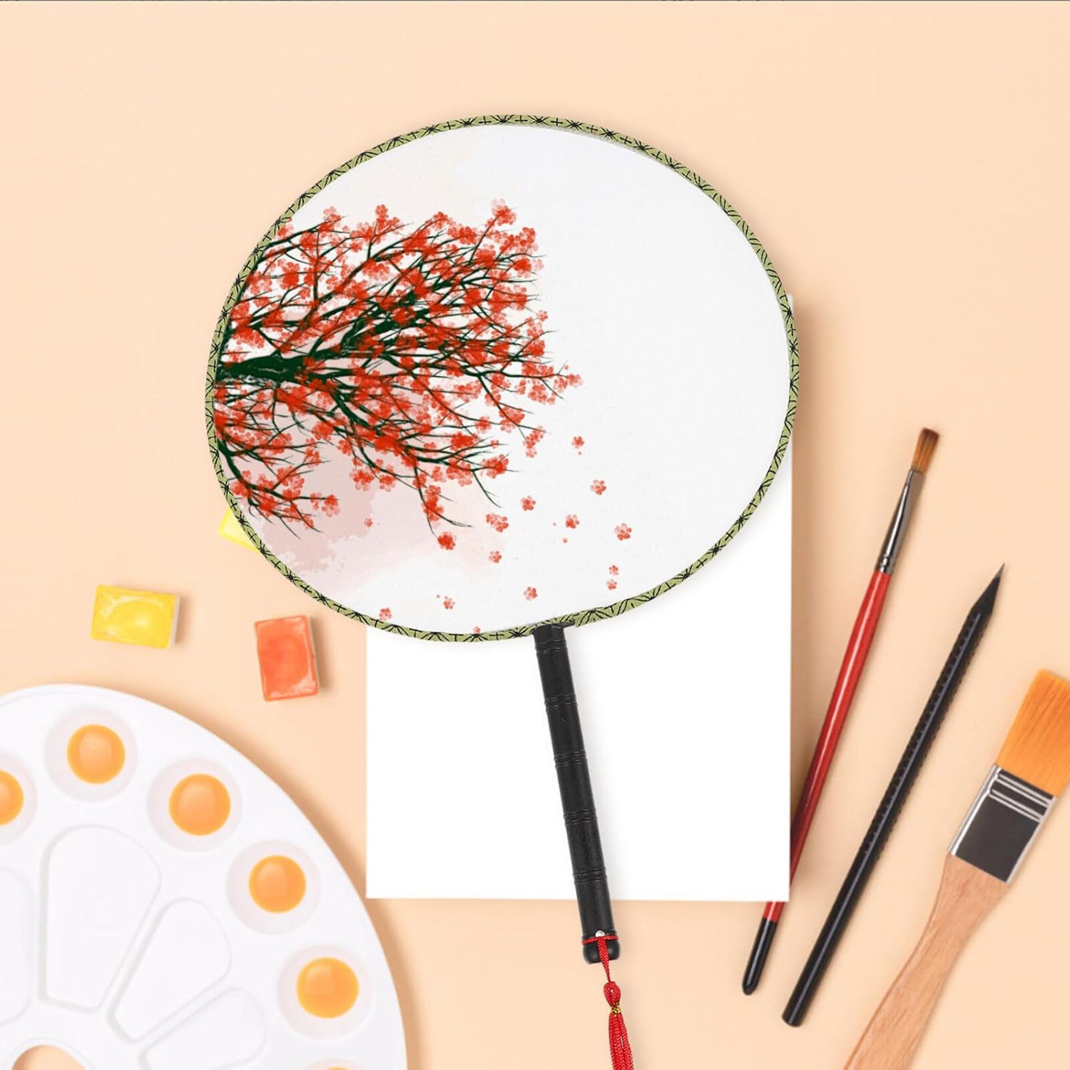 DOITOOL 10Pcs Chinese Round Fan White Hand Fan Blank Fans Ancient Hand Fan Translucent Silk Hand Held Fan Round Blank Silk Fan Painting Fans with Tassel for DIY Craft Making Supplies