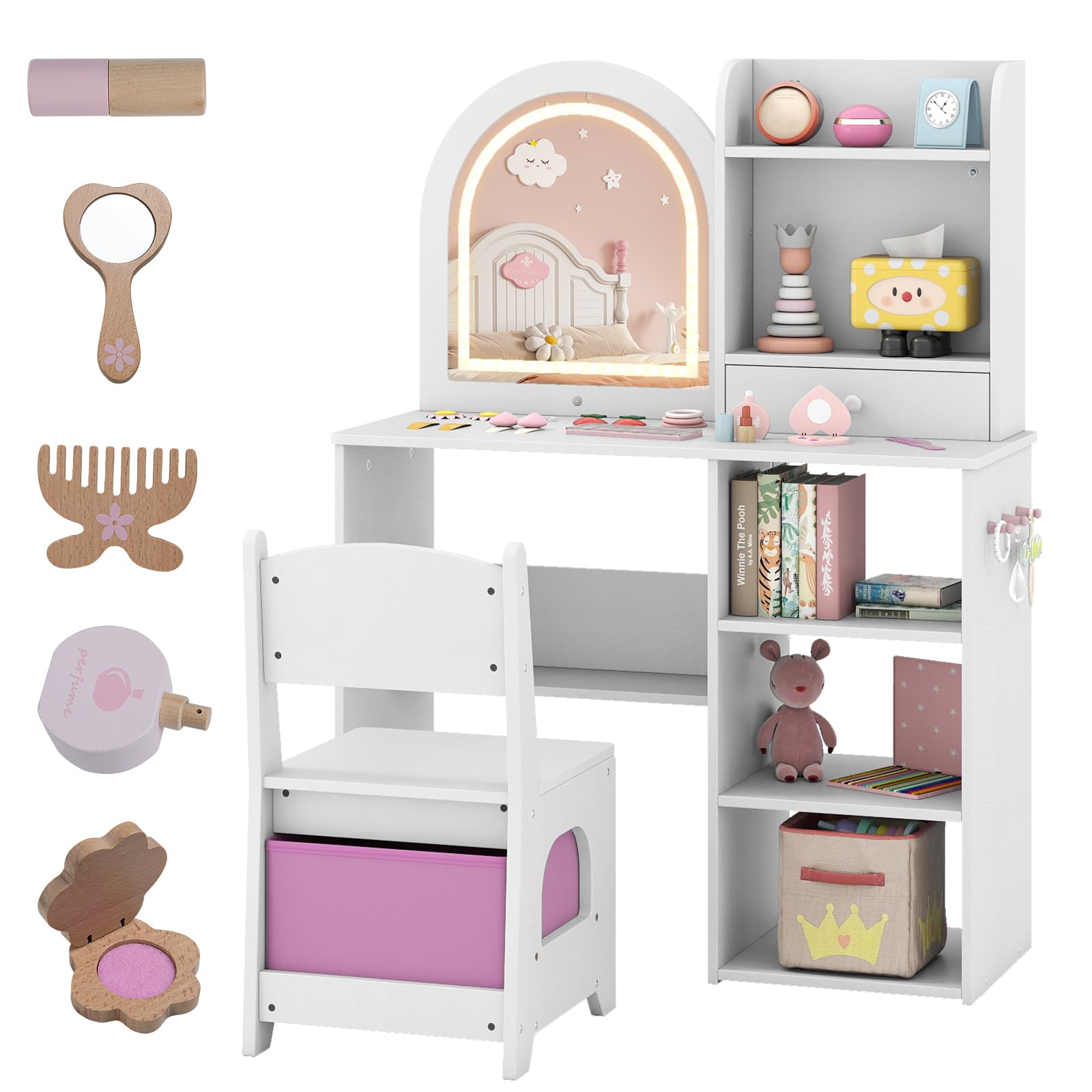 LIFEZEAL Specchiera Trucco per Bambina 3+Anni, con Luci, Sgabello, Sedia, Toeletta Tavolo da Trucco, Postazione Make up, Toilette, Vanity, con Cassetti, Scomparti Aperti, per Cameretta (bianco)