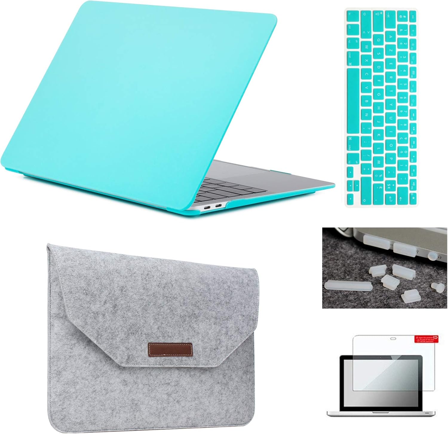 Free Shipping Over $50 Keyrun MacBook Air 13-inch(2018/2019 Release) A1932 Hardshell Case & Felt Sleeve 5 in 1 Bundle with Screen Protector, Keyboard Cover & Dust Plug - Turquoise