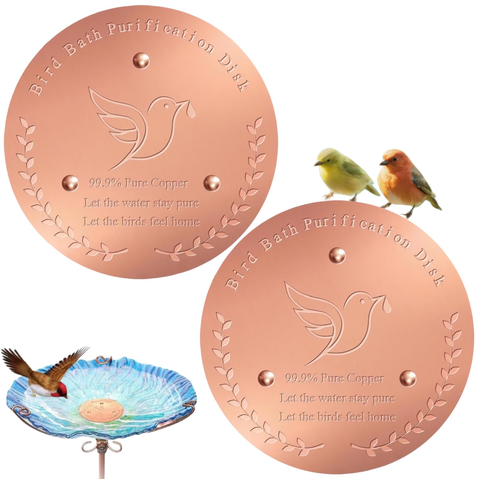 NAXIXI 2PCS Bird Bath Copper Disk,99.99% Pure Copper Plate for Bird Baths & Bird Feeders,0.6mm Self-Cleaning Purification Disc Keeps Water Fresh Year-Round,Heated/Solar Bird Bath Compatible,Round