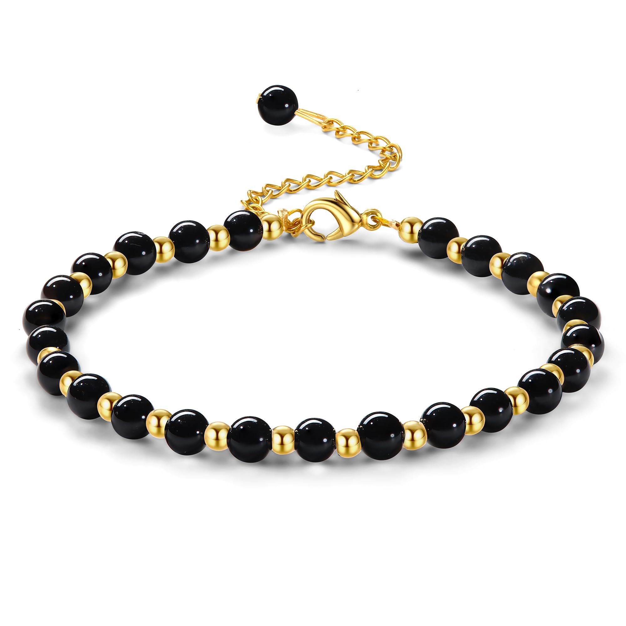 YCTTKDD Pulseras de Cuentas para Mujeres y niñas: Piedra Natural de 5 mm, Cuentas de Acero Inoxidable de 3 mm, joyería Boho de Cristal chapada en Oro Ajustable con Caja de Regalo